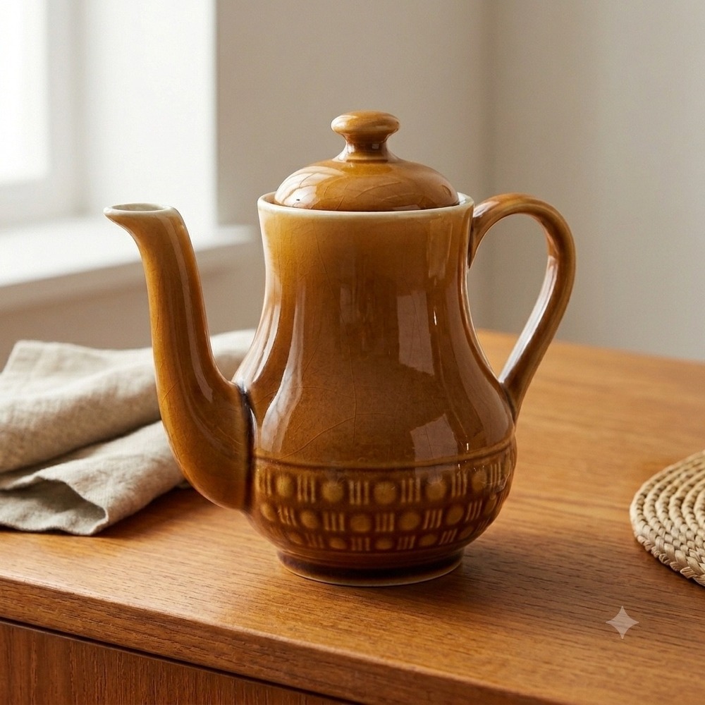 Vtg‎ German Pottery Coffee Pot Brown Mustard Drip Glaze Mid Century Teapot 0.5L